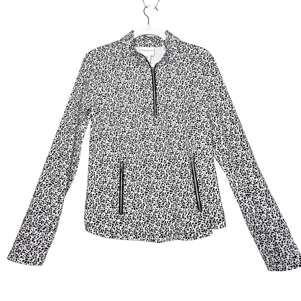 Laura Ashley Women's M Black White Floral 1/4 Zip Stretch Golf Pullover Pockets
